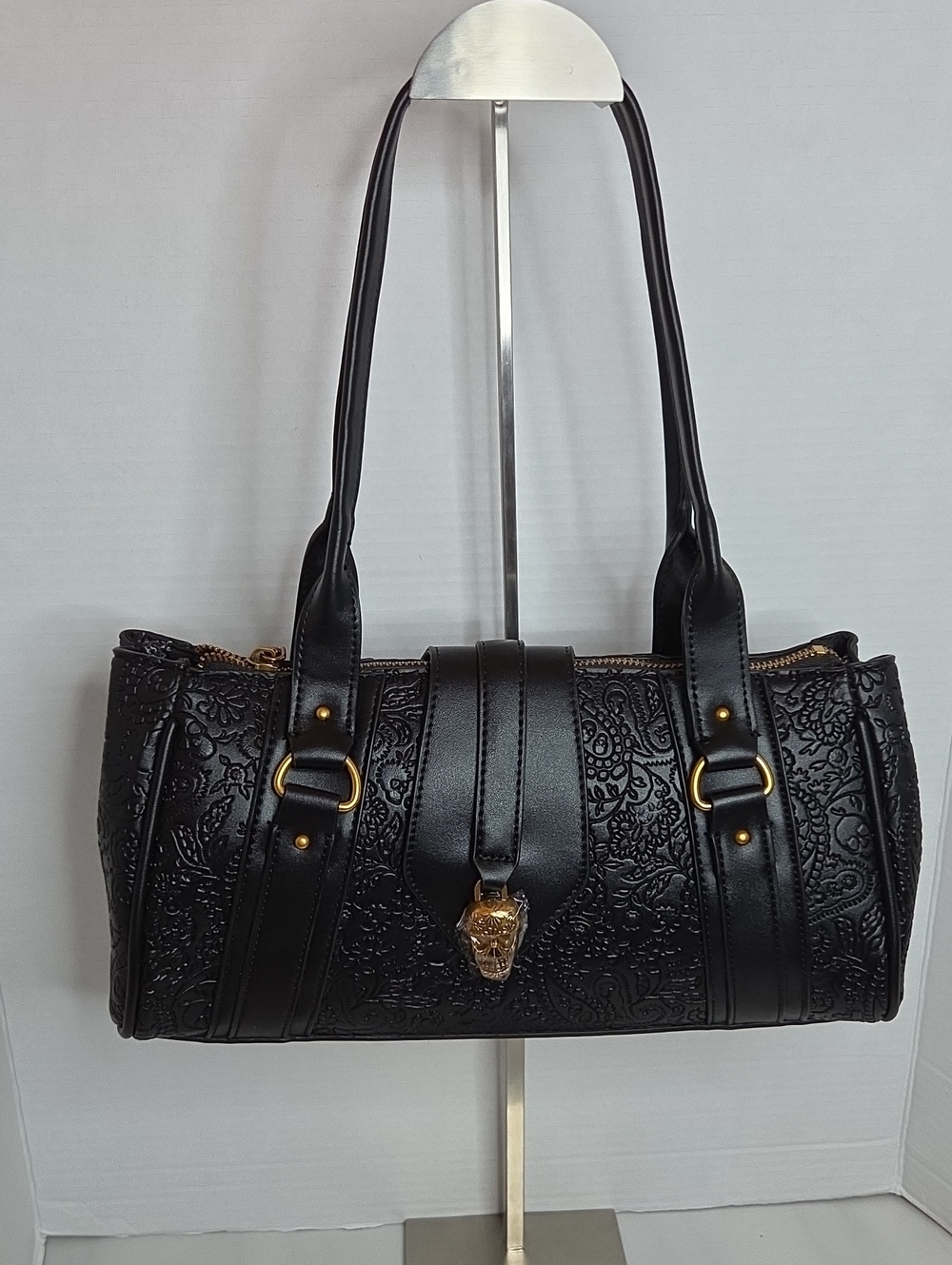 Betsey Johnson Black Embossed Barrel Shoulder Bag with Gold Skull Accent